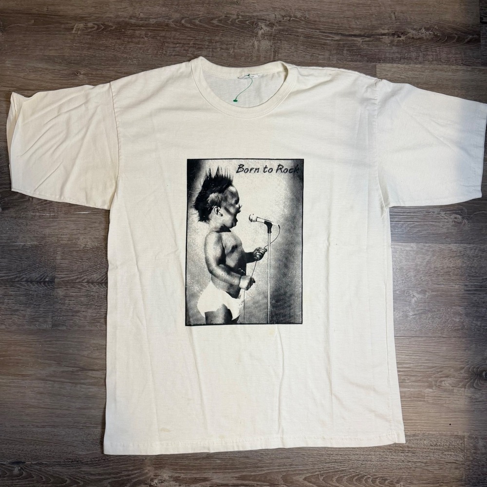 Vintage 90s T-Shirt Born to Rock Tee Cream XXL Punk Rock Baby Short Sleeve